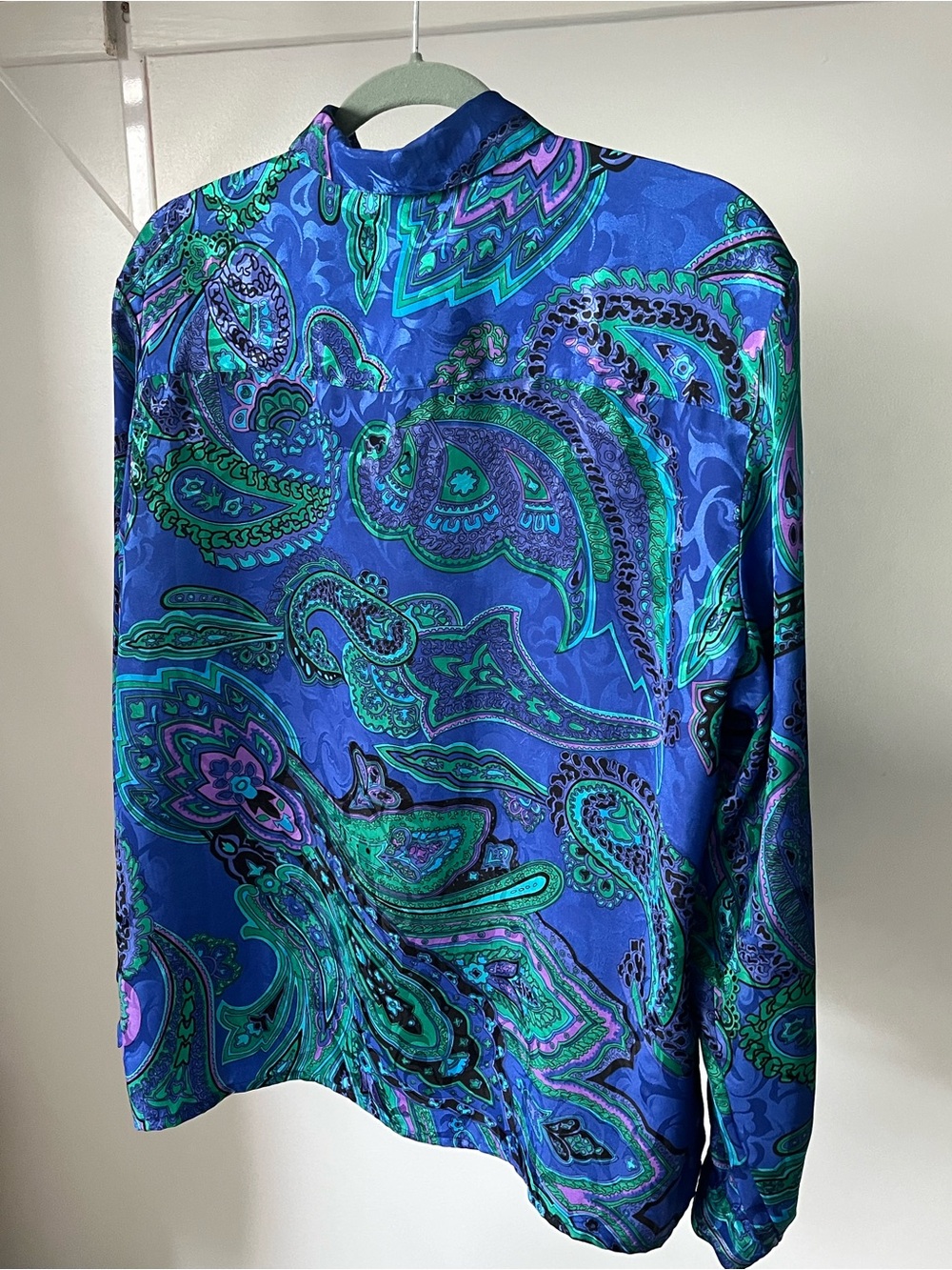 80s Vintage Blue and Teal Paisley Satin Flowy Blouse Size 12 Eclectic Bold Top - Picture 4 of 6